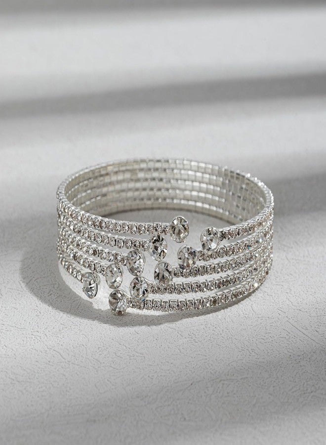 IS4U Multilayer Rhinestone Bridal Bracelet Adjustable Water Diamond Elastic Cuff Bracelet Chunky Silver Bracelet Sparkling Crystal Bangle for Women (Silver2) - Image 4